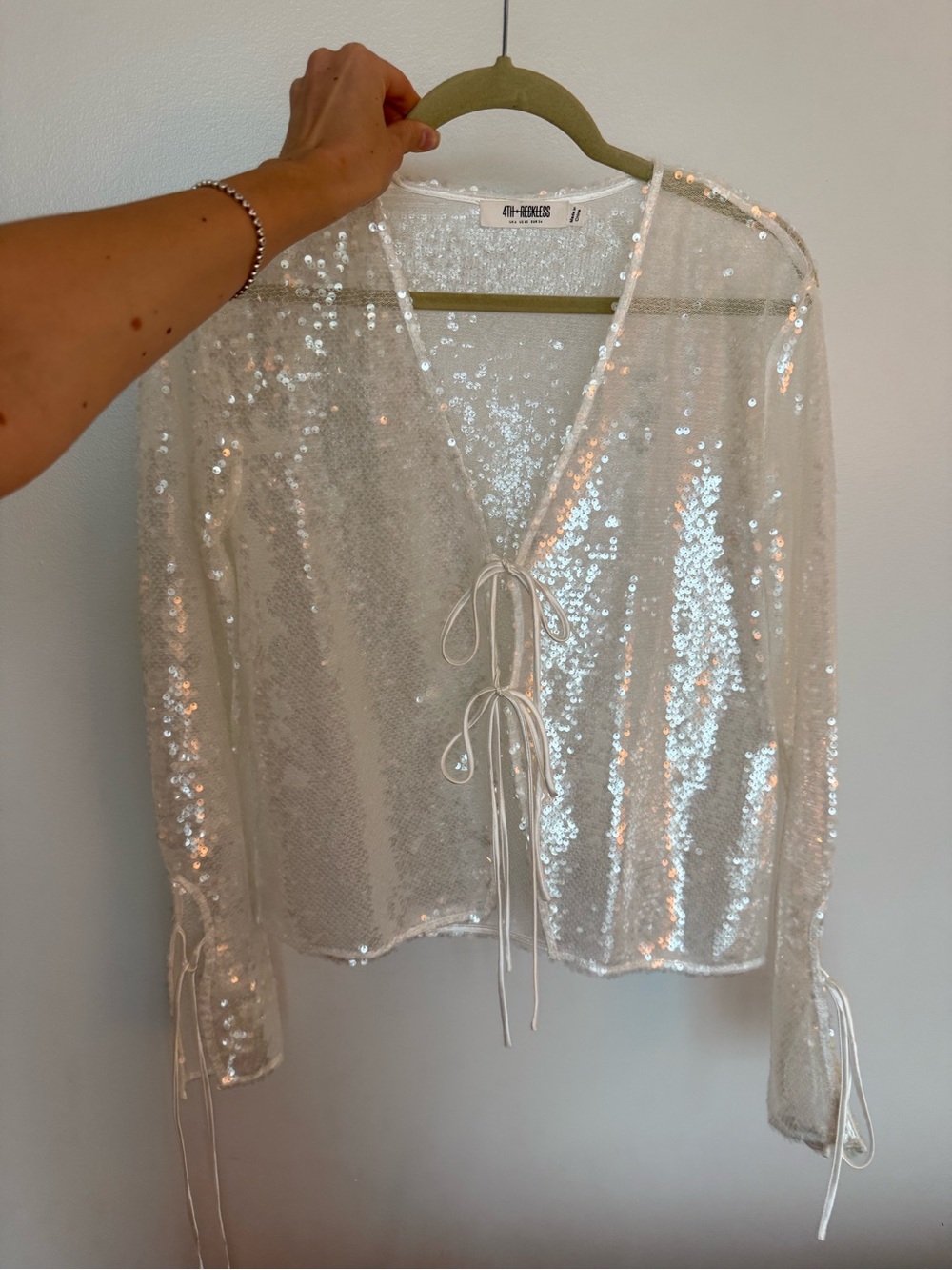 4th & Reckless sheer sequin tie-front top, white, US 2 (fits like US 4)